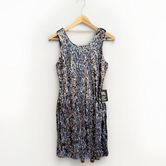 NWT Express Sequin Mini Dress XS ~ Black Silver Iridescent Party Glam Sparkle - Picture 1 of 12